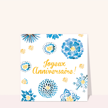 Joyeux anniversaire fleuri en bleu et or
