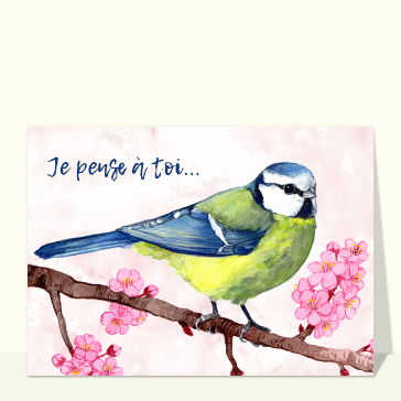 Bonjour avec un oiseau pensif et fleuri