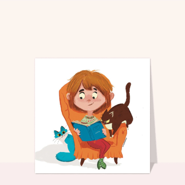 Bonjour avec un chat moqueur et un livre