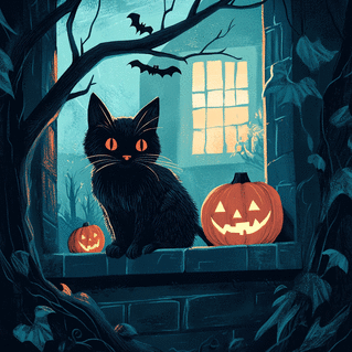 carte Chat noir myst&eacute;rieux et citrouilles d'Halloween 