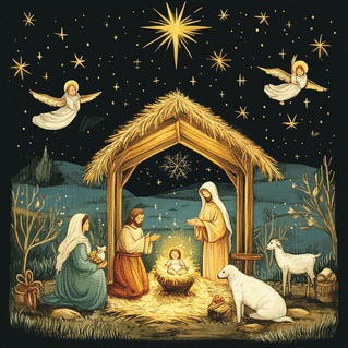 carte Cr&egrave;che de No&euml;l illumin&eacute;e sous les &eacute;toiles 