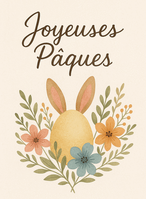 carte P&acirc;ques fleuries avec un lapin et des fleurs 
