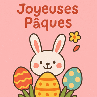 carte Lapin joyeux entour&eacute; d'&oelig;ufs color&eacute;s 