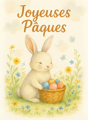 carte Lapin heureux avec son panier d'&oelig;ufs color&eacute;s 