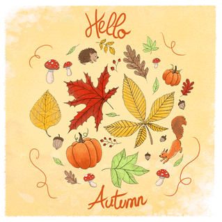 carte Automne color&eacute; avec &eacute;cureuil et citrouilles 