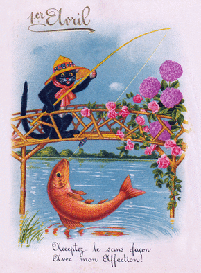 carte Le chat p&ecirc;che un poisson d'avril joyeux 